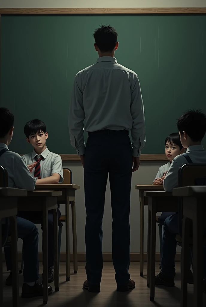 The teacher is standing in the foreground, with the blackboard behind them. A 1 boy in a school uniform is sitting at a desk in a classroom. The boy is facing the teacher but looks anxious and distressed, clearly unable to focus on the lesson.Another boys add in classroom
