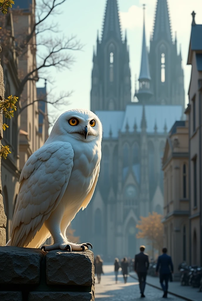 Create a picture of the owl Hedwig in front of the Cologne Cathedral