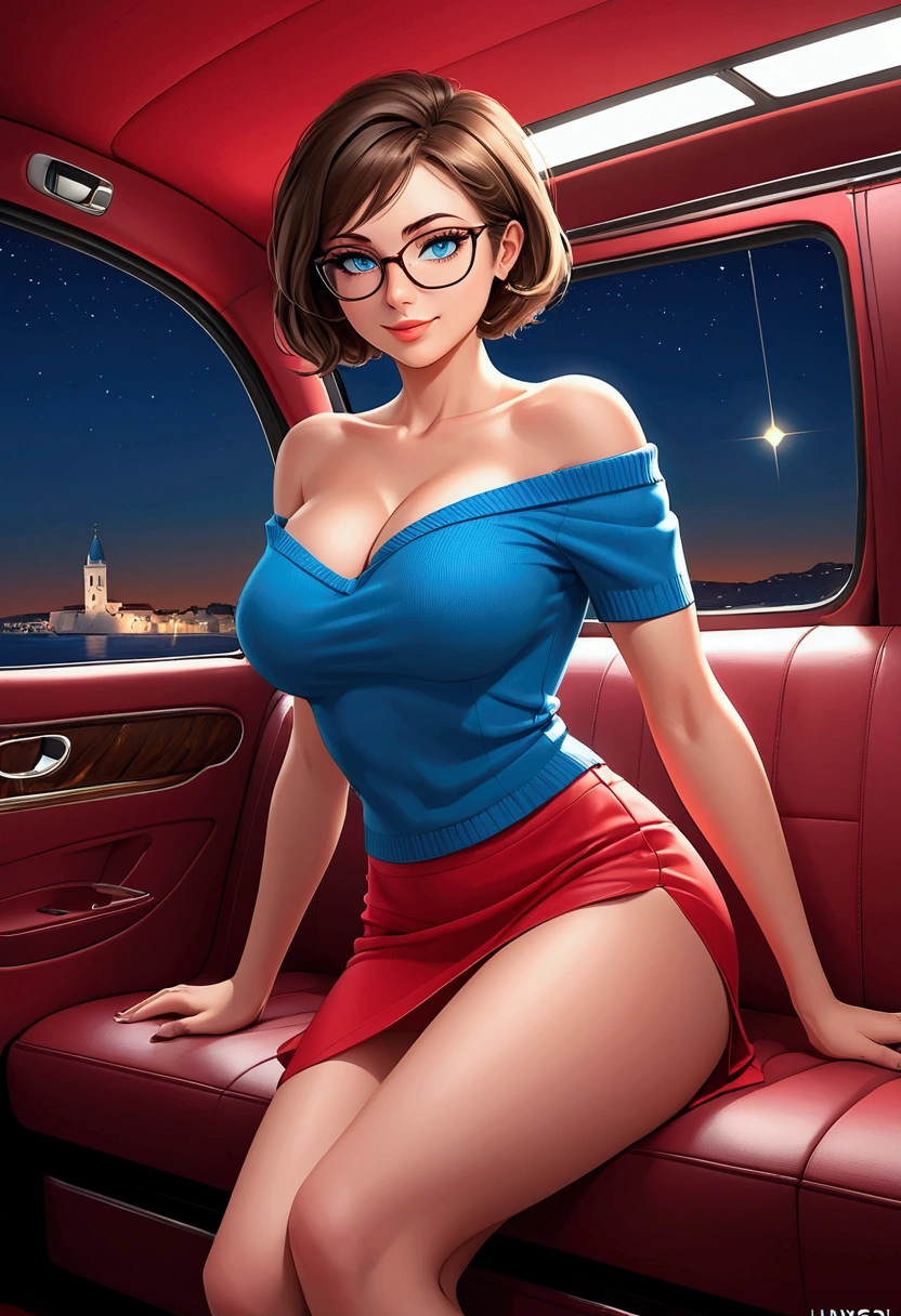 20 years old woman, Short brown hair, Mediterranean with blue eyes, Generous and heavy breasts, slender waist, definition of l'estomac, fesses rebondies et pulpeuses, naturally curved, muscular thighs, aguicheuse , blue eye, lunettes, assise dans une limousine, red mini Skirt, off shoulder top, at night, ssmile, talons