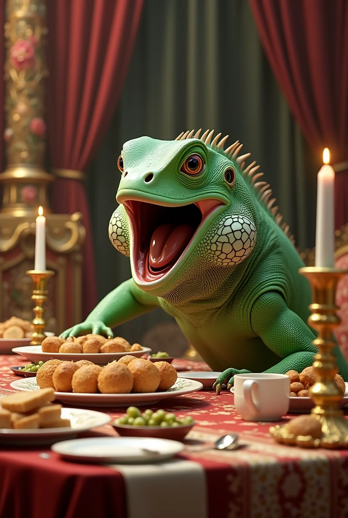 Hungry iguana at a royal banquet table