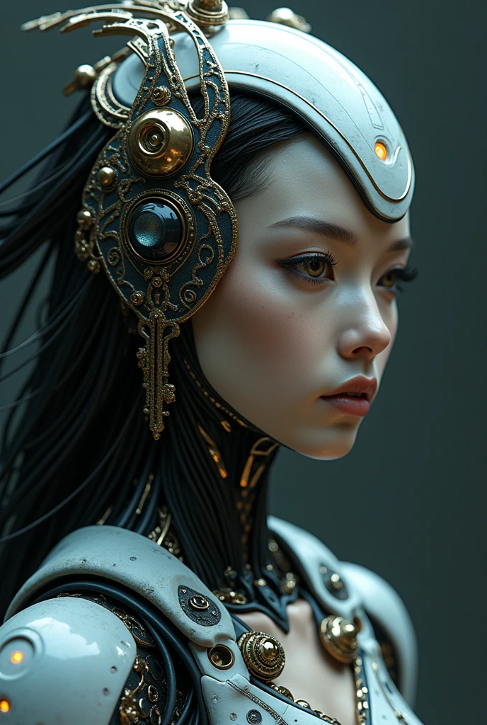 there is a woman with a headdress and lots of hair, highly detailed vfx portrait of, symetry! futuristic robotics, necro, nilian animation studio, Vadim Voitekhovitch, extremely detailed goddess photo, Cinematography of 2015, beautiful cyborg girl, Jason Engl, keyframe, anthropomorphic _ humanoid, suzuki futurista --ar 16:9