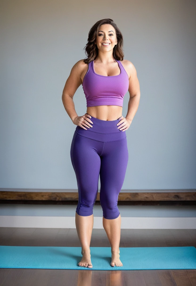 Full body shot of a beautiful brunette female with a curvy body and large breasts, wearing a tight tank top and short volleyball shorts, wearing high heel shoes, on a yoga mat doing a sun salutation pose