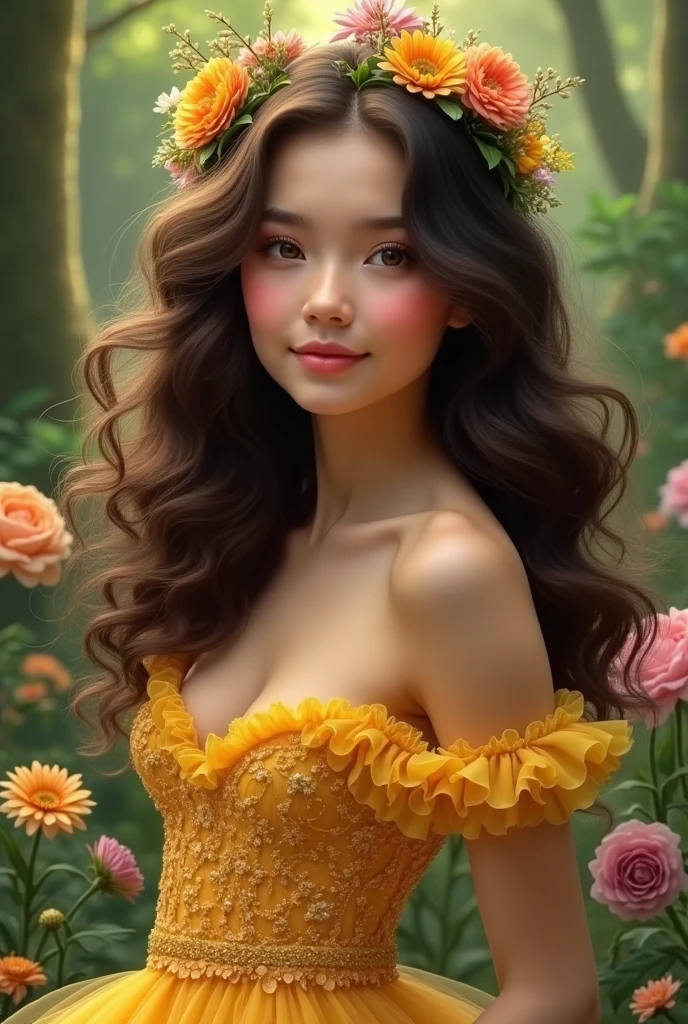 (Photorealism:1.2), beautiful girl, . She has long, shiny, shoulder-length curls and a flower crown.. Both cheeks are covered with hair. She is wearing a beautiful yellow, fluffy, soft, flared dress that is super intricate and super detailed.,Background is flowers and trees in the forest々It is very clear and beautiful,