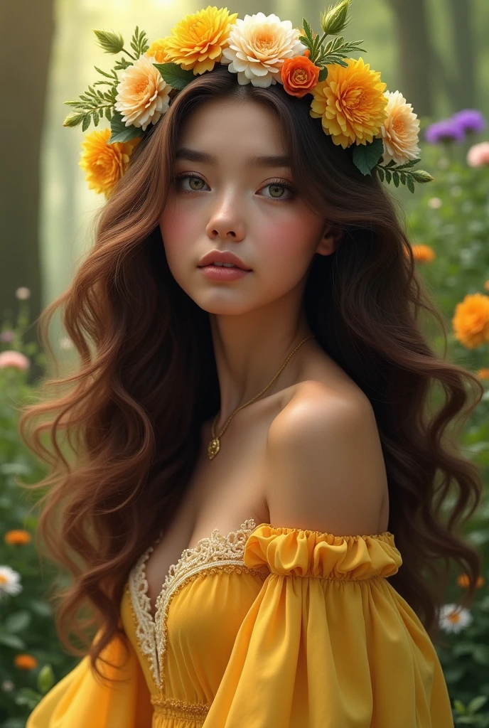 (Photorealism:1.2), beautiful girl, . She has long, shiny, shoulder-length curls and a flower crown.. Both cheeks are covered with hair. She is wearing a beautiful yellow, fluffy, soft, flared dress that is super intricate and super detailed.,Background is flowers and trees in the forest々It is very clear and beautiful,