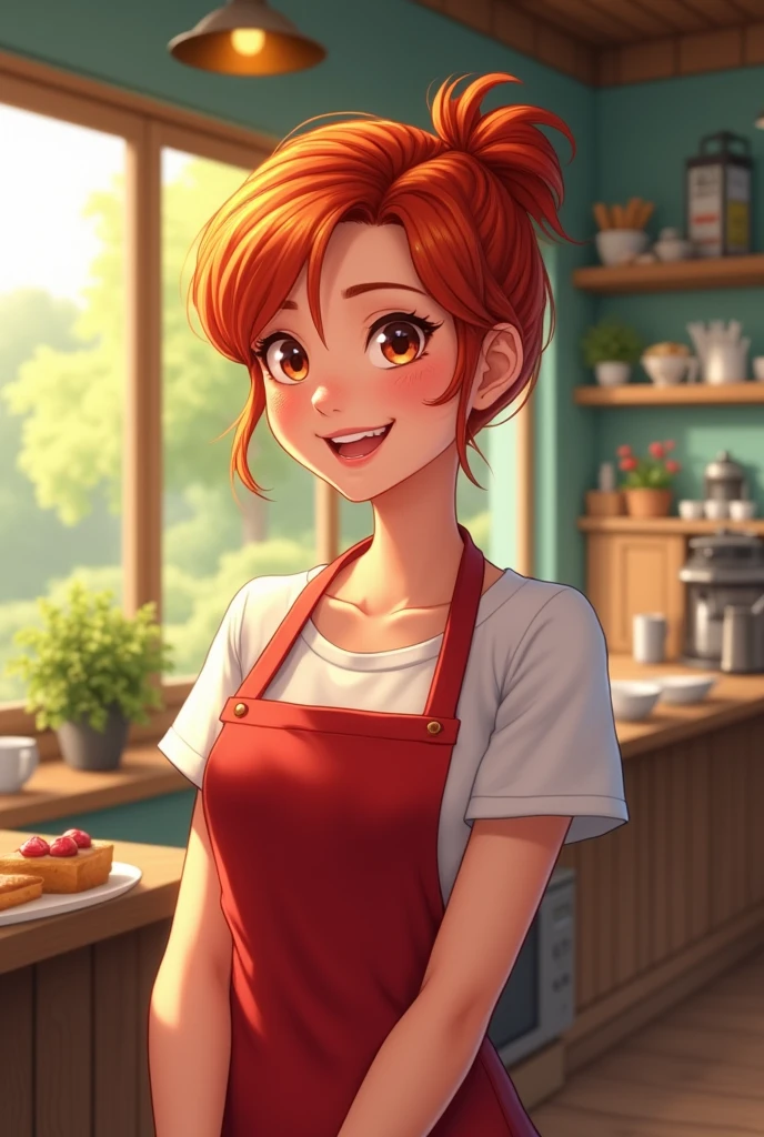 a young girl working in a cafe, wearing a red apron, has short red hair, a bright smile, dimples on your face. summer realistic woman