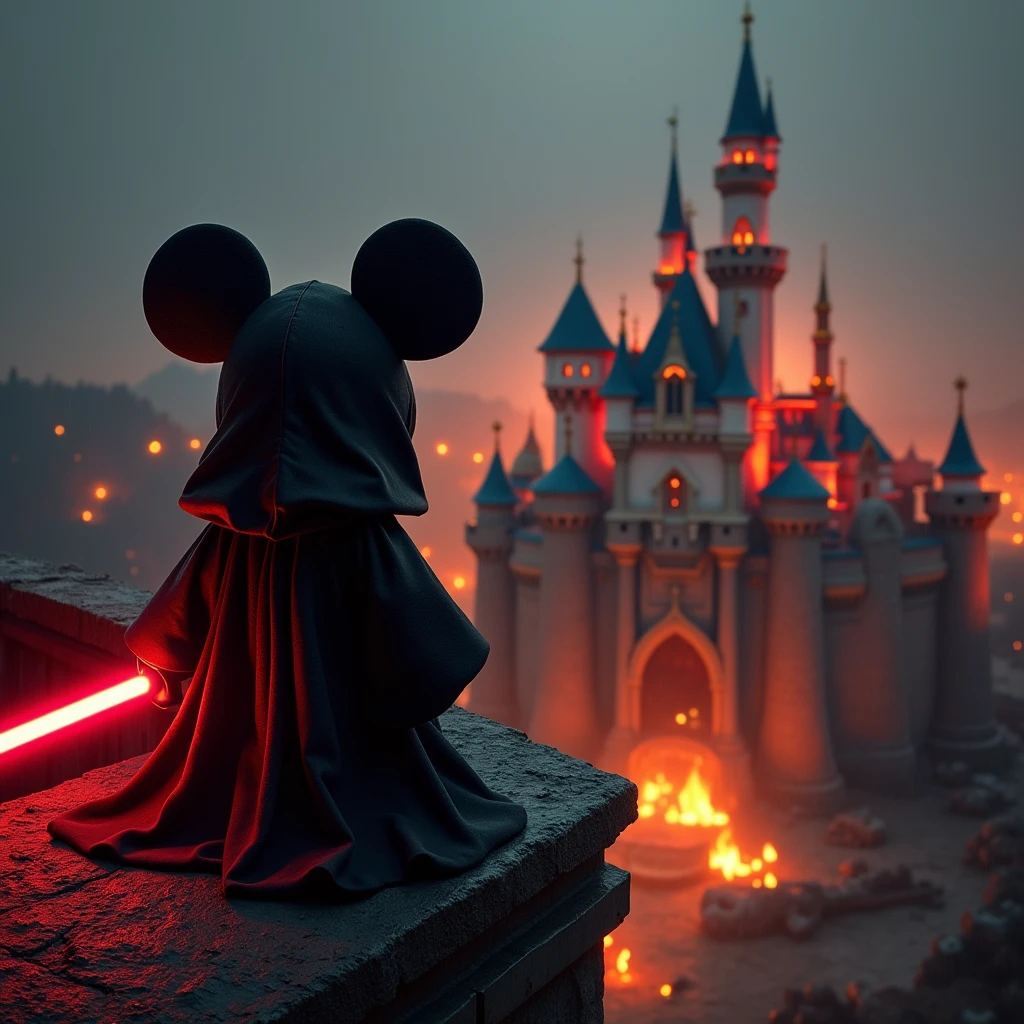 Mickey Mouse, now a Sith Lord, stands on the terrace of the crumbling Cinderella Castle. His eyes glow a menacing red beneath the hood of his dark Sith robe, and a red lightsaber is held in his hand. From this vantage point, he gazes out over the ruins of Disneyland, which has been reduced to a burning, desolate wasteland. Flames flicker across the remnants of the park, casting an eerie glow in the darkness. The black rain continues to fall, but it cannot extinguish the fires that consume the once magical kingdom. Mickey’s red eyes reflect the fiery destruction below as he watches the once beloved Disneyland burn, a sinister figure overlooking the devastation.