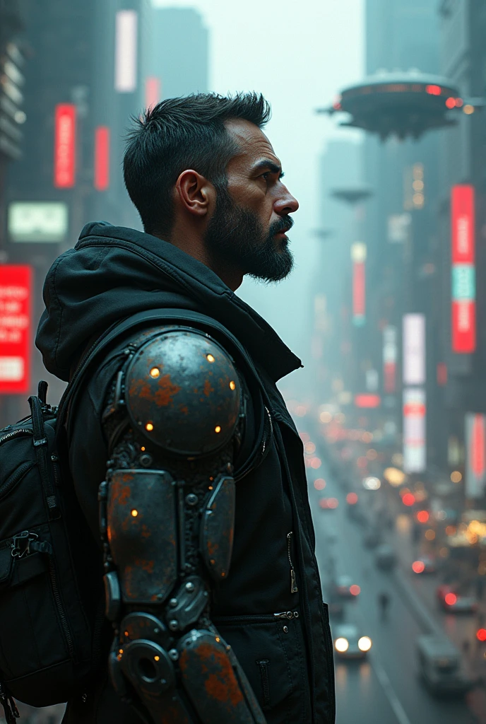 create a guy with cyberpunk themes who is an anti hero and his arms are robotic and he is looking at his futuristic city as well as me