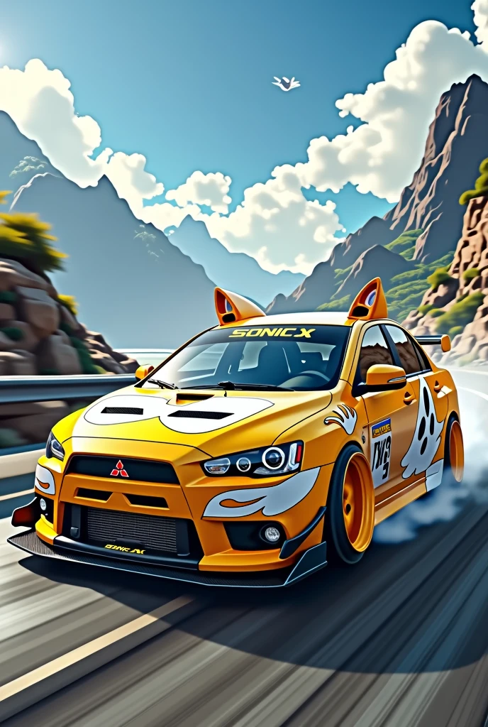 customized mitsubish lancer evo X car in yellow and white colors, with vinyl and theme of the character Miles Tails from the game Sonic