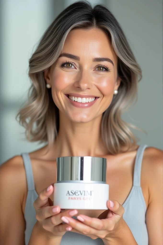 Image of a 50 year old woman with a cosmetic product (Anti age)