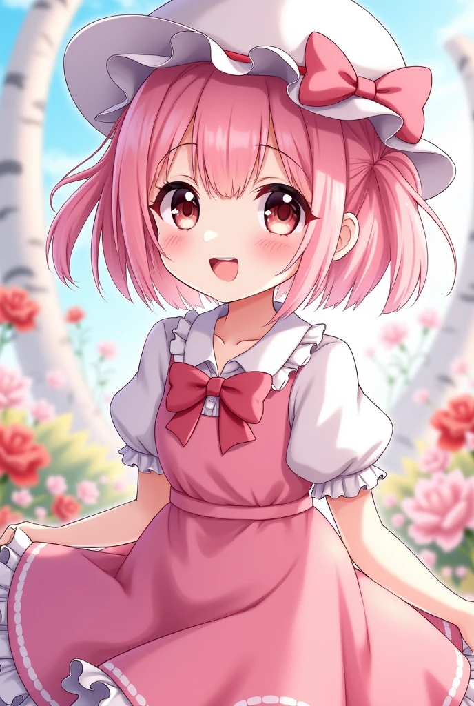 Anime with pink short twins tail and black eyes color . She wearing all pink and White hat with cute pink ribbon