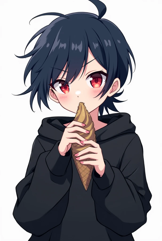 Anime girl , dark blue hair , modern day mullet hair style , black hoodie , red eyes , almond eye , short hair , eating ice cream , blank white background