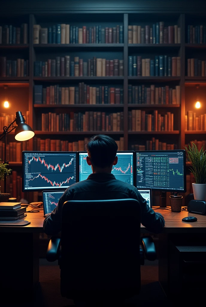 Make me a hd wallpaper in which there is a dark room with a forex trading setup and laptops and screener lighting keyboard. And there should be separate lighting in the room. And there should be a book library along with it.