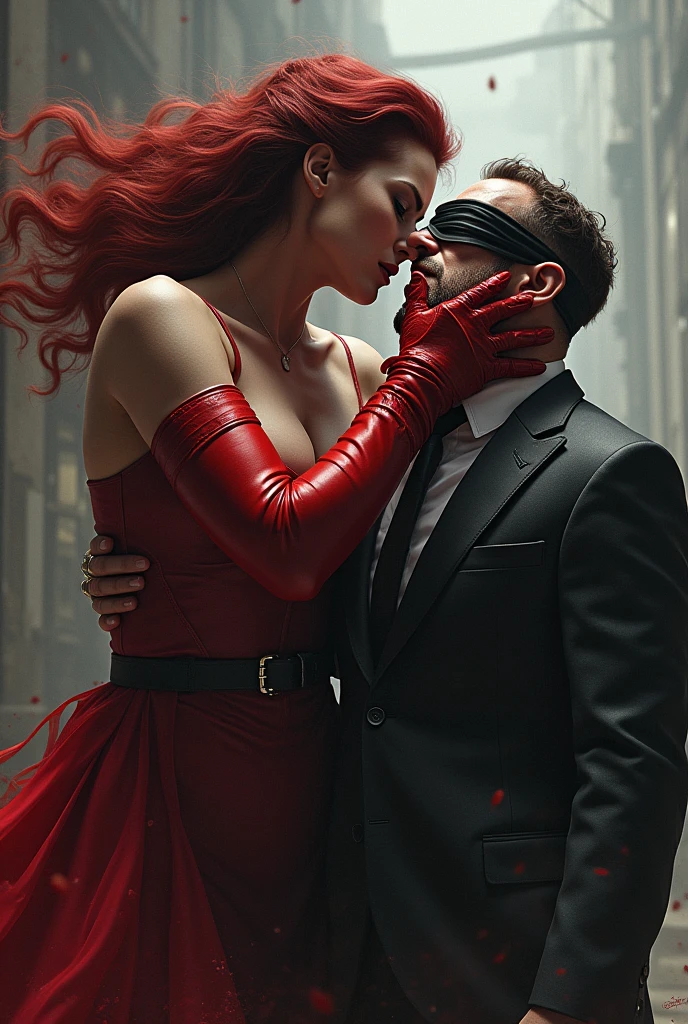 Realistic, A beautiful super girl knife, cut throat A man blindfold neck bloody splash, full body, wide o pen throat