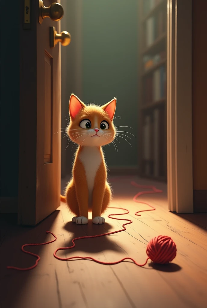 The mother cat realizes the kitten is missing. The room is now empty, and the ball of yarn is unwound, leading out of the room. The mother cat is shown standing near the door, looking worried and determined.