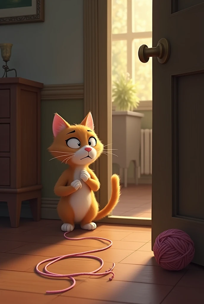 The mother cat realizes the kitten is missing. The room is now empty, and the ball of yarn is unwound, leading out of the room. The mother cat is shown standing near the door, looking worried and determined.
