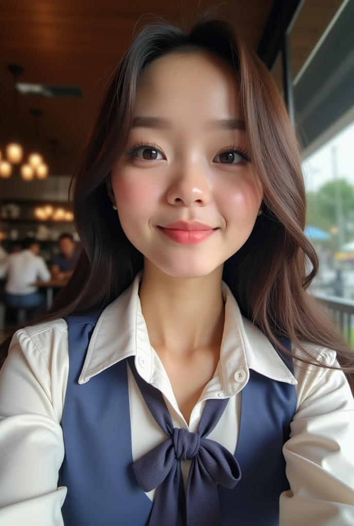 Photo of a Thai Student in Thai Student Uniform, that has a very sexy face, thin lips, thin eyes, thin eyebrows, thin nose, long eyelashes. She makes a selfie in a cafe. Sexy post. Huge Boobs. Emotion. Moaning.