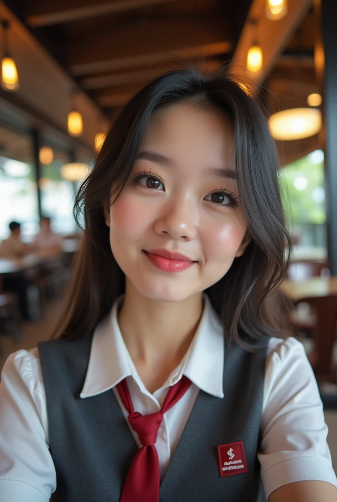 Photo of a Thai Student in Thai Student Uniform, that has a very sexy face, thin lips, thin eyes, thin eyebrows, thin nose, long eyelashes. She makes a selfie in a cafe. Sexy post. Huge Boobs. Emotion. Moaning.