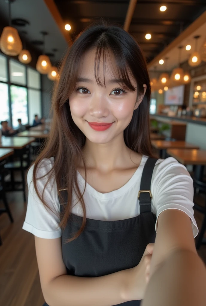 Photo of a Thai Student in Thai Student Uniform, that has a very sexy face, thin lips, thin eyes, thin eyebrows, thin nose, long eyelashes. She makes a selfie in a cafe. Sexy post. Huge Boobs. Emotion. Moaning.