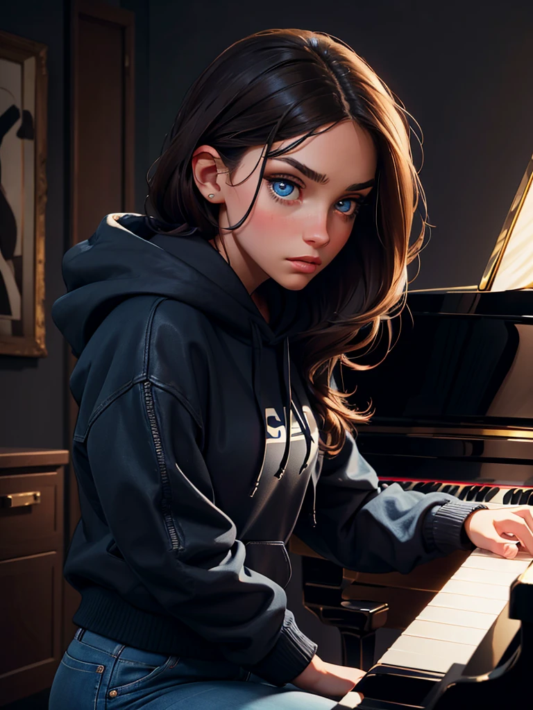 a pretty brunette girl, 2, wearing a black hoodie and blue jeans, playing piano in an urban apartment, pensive and slightly sad expression, detailed facial features, detailed eyes and lips, complex urban background, fancy lighting, cinematic composition, realistic photo, high quality, 8k, ultra detailed