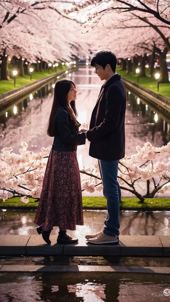 A couple is holding hands in a park where the cherry blossoms are in full bloom, watching the cherry blossoms, listening to the murmuring of the river and the chirping of the birds, and taking pictures with their camera. A date along the illuminated cherry blossom trees at night. A TikTok video that goes viral.