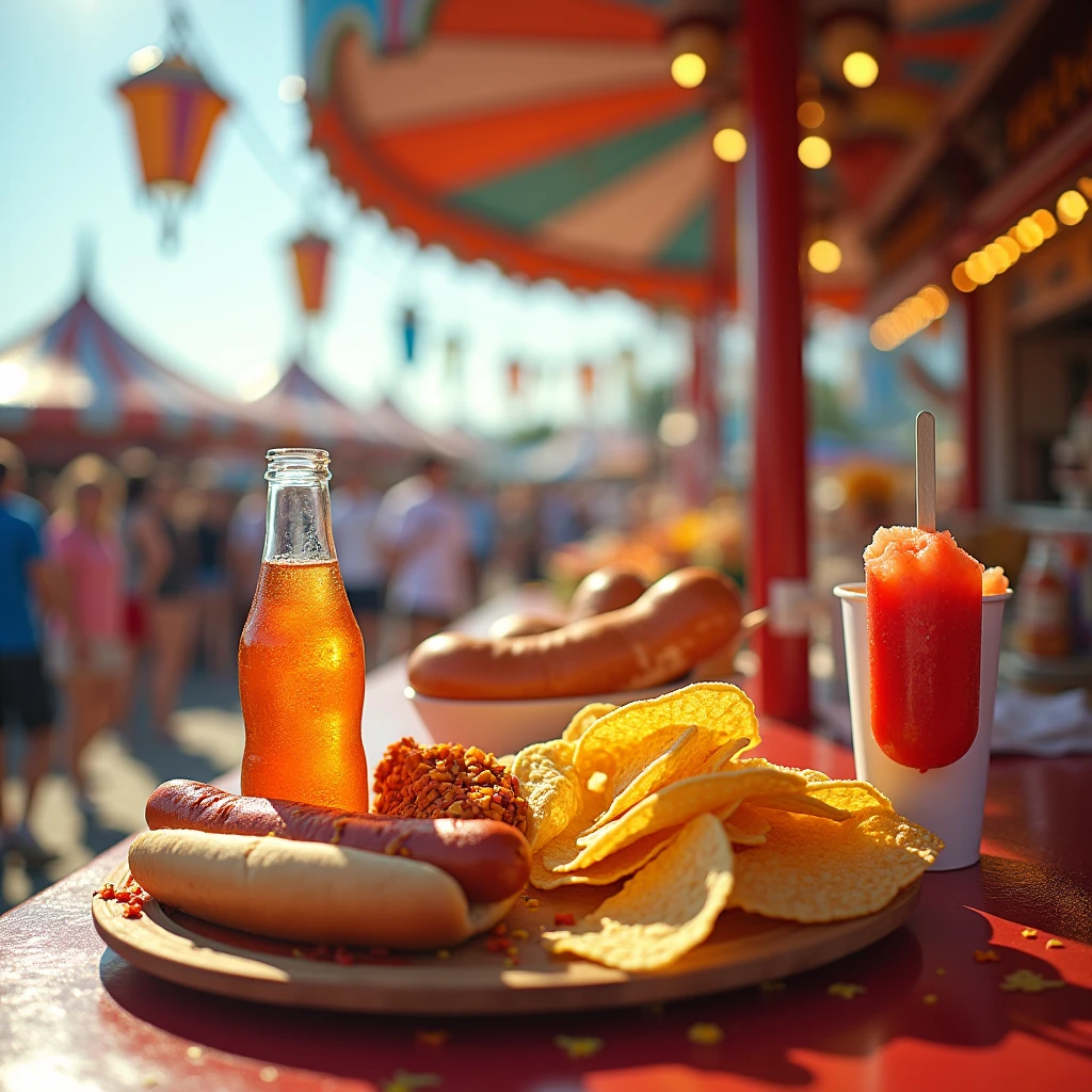  A dynamic photo of a fair counter table displaying a small bottle of orange soda, a hot dog, a bitten red popsicle, and a stack of nacho chips. The items are placed in the same arrangement as the image, with the vibrant fair setting and joyful crowd in the background enhancing the festive mood.