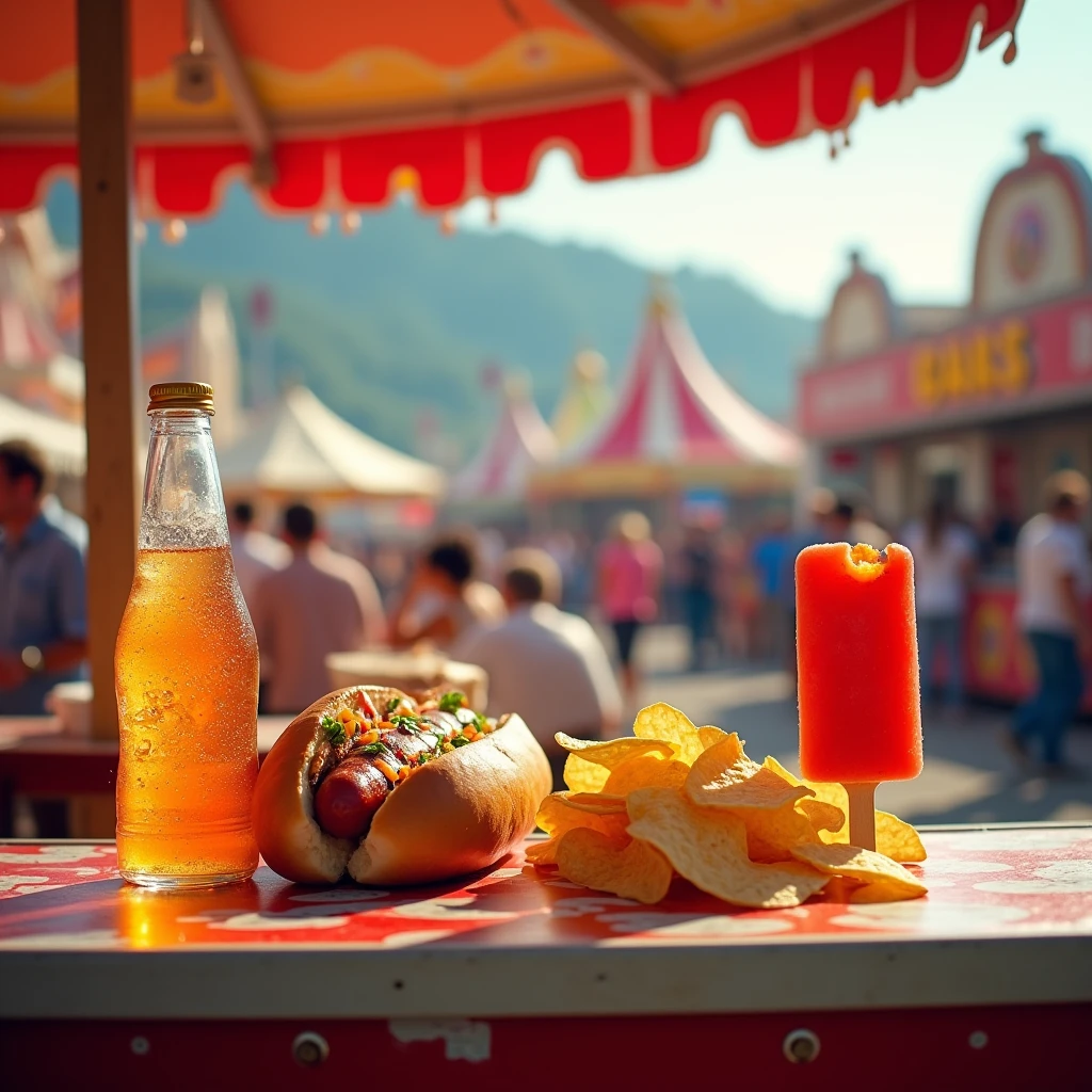 A dynamic photo of a fair counter table displaying a small bottle of orange soda, a hot dog, a bitten red popsicle, and a stack of nacho chips. The items are placed in the same arrangement as the image, with the vibrant fair setting and joyful crowd in the background enhancing the festive mood.