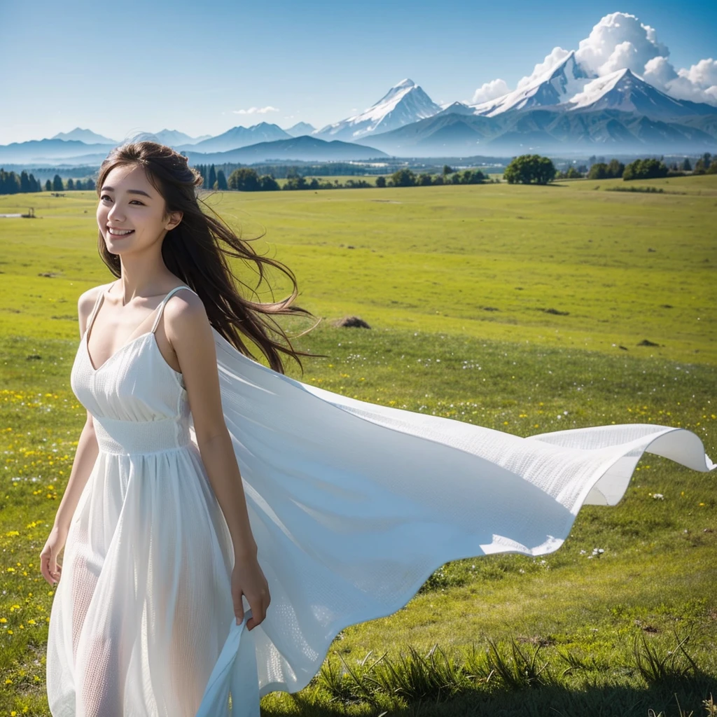 girl standing on the meadow、girl in a white dress、sky high and blue、sunny、I can see mountains in the distance、far away、stare into the distance、Standing in the distance、wide grassland,High Resolution, Masterpiece, Best Quality, Detail, High Details, Quality, Super Detailed, Textured Skin, High Quality, Smile, Facial Hair, Happy,