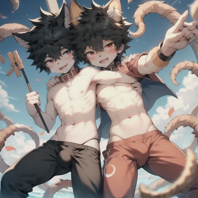 The whole body is covered with talisman paper,happy,Shota,Bulge in pants,blush,emaciated,little devil,Devil Horns,Orange-red eyes,Brownish-black skin,As a pet,Collar,Demon King,Hypnosis,Swimming pants,muscle,章鱼Tentacles ,Tentacles,fighting,estrus,Get Down,Fangs,Hug from behind,Stick out your tongue,Slobber,Be played,painfully,Tears,Topless