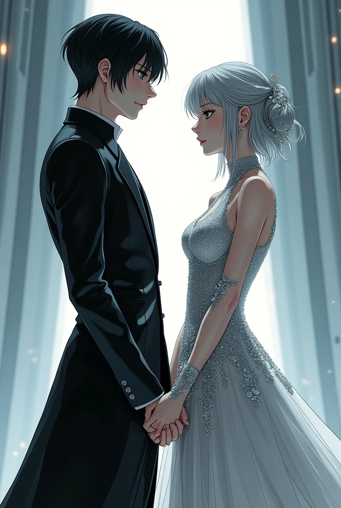 Sanakan and Cibo from Blame! Manga in a wedding dress), (sci-fi theme) suit black hair, dress striking silver hair, Futuristic atmosphere Emphasizes radiance pure atmosphere Intricate details of the outfit A soft but bright light shines from above. Intimate and romantic atmosphere Highly detailed, exceptionally detailed, cinematic quality, emotionally charged scenes.
