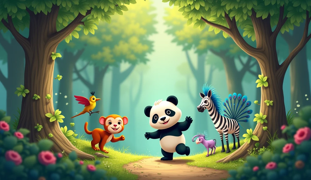 In a forest where trees are talk and huge lives a little Panda and enjoying with lots of his friends like monkey sparrow peacock zabra with her