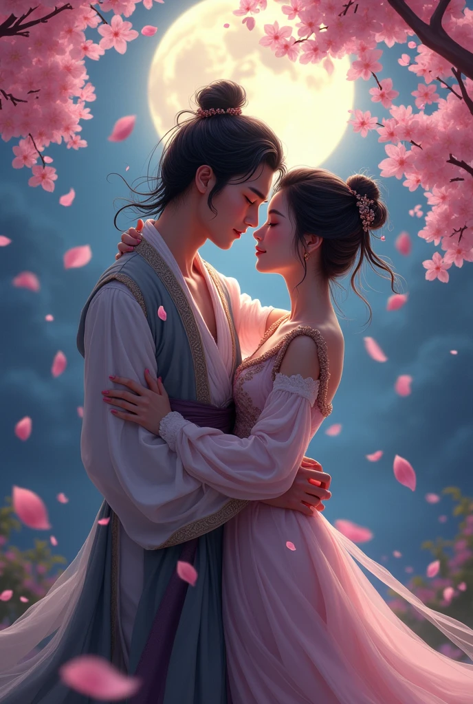 Agirl in ancient dress with her lover .draw in semi realsim style.ina night where cherry blossm trees petals are falling