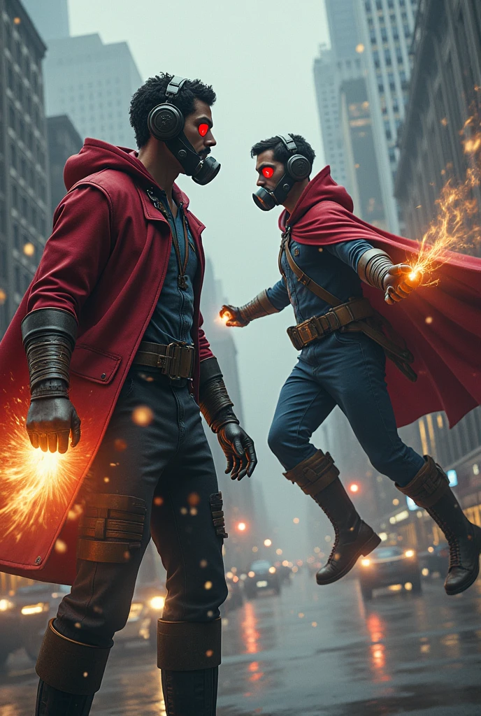 Young Star-lord with red hoodie, headphones, star-lord helmet, gas helmet, covered mouth, round red eyes, Red eyes, magic rings in the hands and rocket boots, Vs. Doctor strange , Fighting, power, fiction, full body, 2 person, magic lasso, hight, fall, fire in boots, poweful spells, fighting, realistic, helmet, mask, red cape, confrontation, punch, gun, flying in the sky, view of the city from above, rain, fighting over the spell book, Black gloves, ocean floor