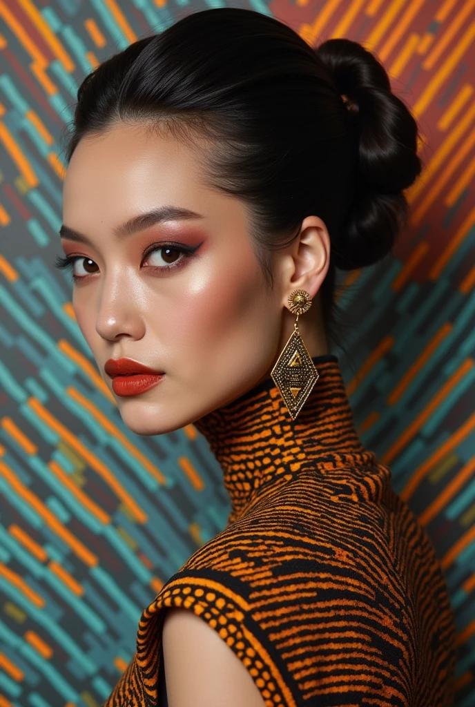 A sophisticated visual art piece that explores the Café Wall Illusion through fashion and design. The woman's hair is styled in sleek, geometric patterns that mimic the staggered rows of the Café Wall Illusion. Her makeup is designed to emphasize the illusionary effect, with patterns and gradients that simulate the Café Wall's staggered effect. The dress is a masterpiece of optical illusion design, featuring a pattern of staggered dark and light "bricks" with a subtle gradient of colors in between. The background is an abstract representation of the Café Wall Illusion, with alternating rows of colors and geometric patterns. Accessories such as earrings and bracelets feature small, repeating geometric patterns inspired by the Café Wall Illusion.