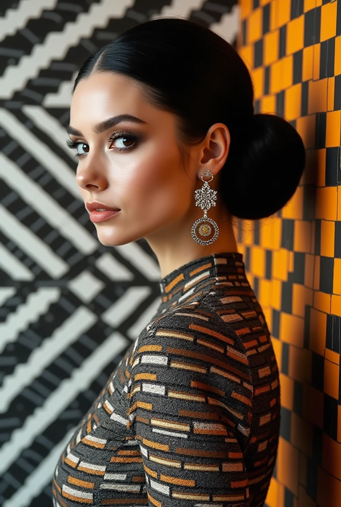 A sophisticated visual art piece that explores the Café Wall Illusion through fashion and design. The woman's hair is styled in sleek, geometric patterns that mimic the staggered rows of the Café Wall Illusion. Her makeup is designed to emphasize the illusionary effect, with patterns and gradients that simulate the Café Wall's staggered effect. The dress is a masterpiece of optical illusion design, featuring a pattern of staggered dark and light "bricks" with a subtle gradient of colors in between. The background is an abstract representation of the Café Wall Illusion, with alternating rows of colors and geometric patterns. Accessories such as earrings and bracelets feature small, repeating geometric patterns inspired by the Café Wall Illusion.