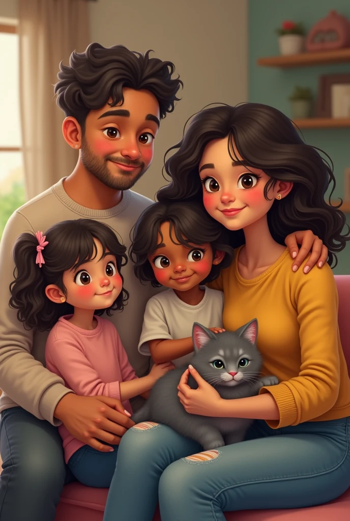 Create an image of a family of 4 people, 2 fathers and 2 girls, A girl and a and their 3 parents, The father is tall and chubby and the mother has cinnamon skin and medium height.; The girl looks like her dad and the looks like her mom. The mom's hair is wavy with a Latina look and one girl is chubby and they have a gray Roman kitten.
