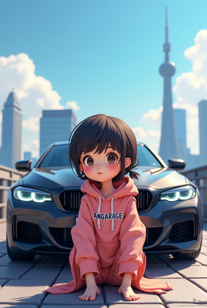 3d cartoon girl,hoodie with angarage text,sit front of black bmw,tokio in back background