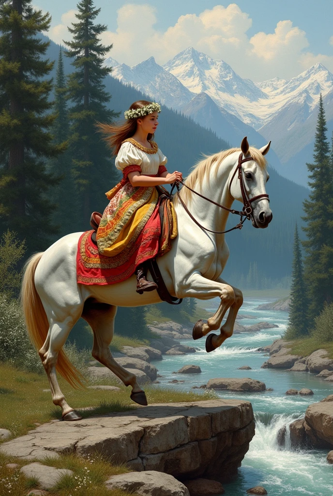 Realism, view from afar, both rocks are visible from above, a cheerful Slavic girl of 20 years old sits on a horse, Slavic Christian bright multi-colored clothes of 1880, the horse ran up and jumped from rock to rock, a wreath of snowdrops in her hair, the horse's coat is dapple, in the background is a pine forest, a river, mountains covered with snow,
Style - Ivan Shishkin, Vasily Polenov, Vasily Surikov, Isaac Levitan, Ilya Repin.