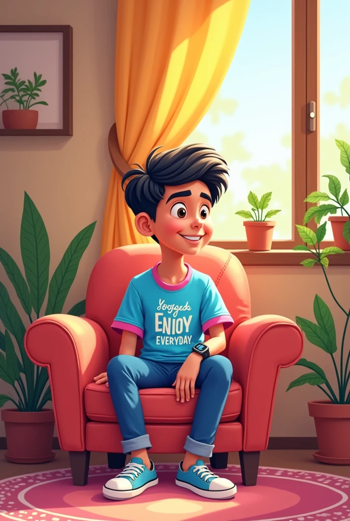 1 boy siting in the house she is name is "yogesh" written in the t shirt 2d cartoon his age is 15 years and his hand smart watch and wear blue and pink t shirt behind the side enjoy everyday 