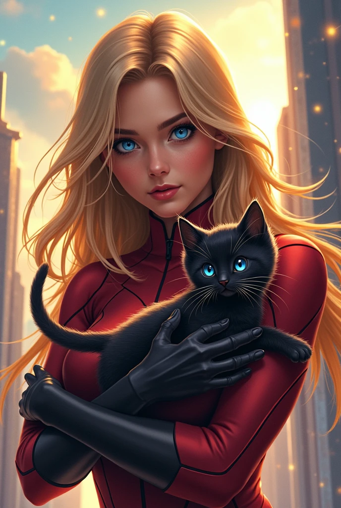 superhero woman looking like a very young Jennifer Aniston with a very small black blue eyed kitten in her arms