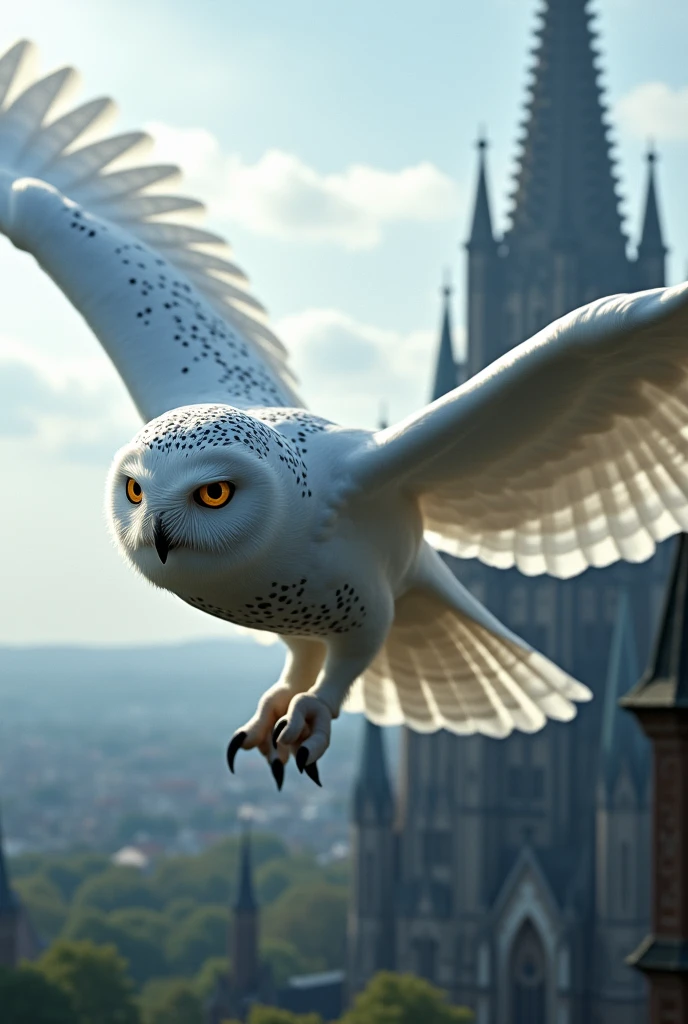Create a picture of the owl Hedwig, flying in front of Cologne Cathedral