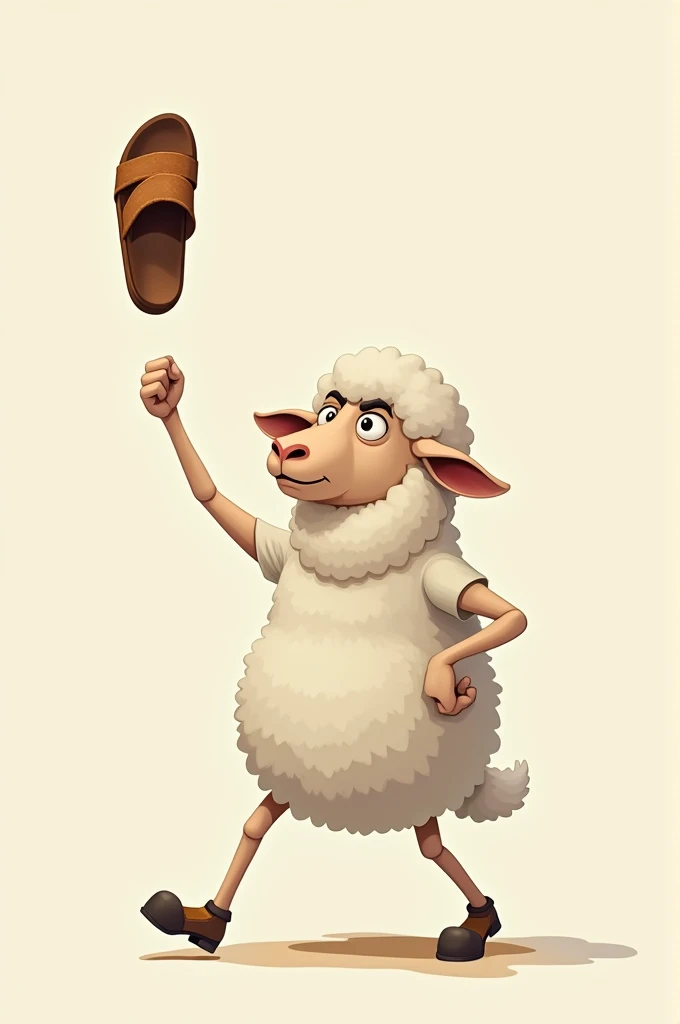 A sheep throwing a sandal with one hand