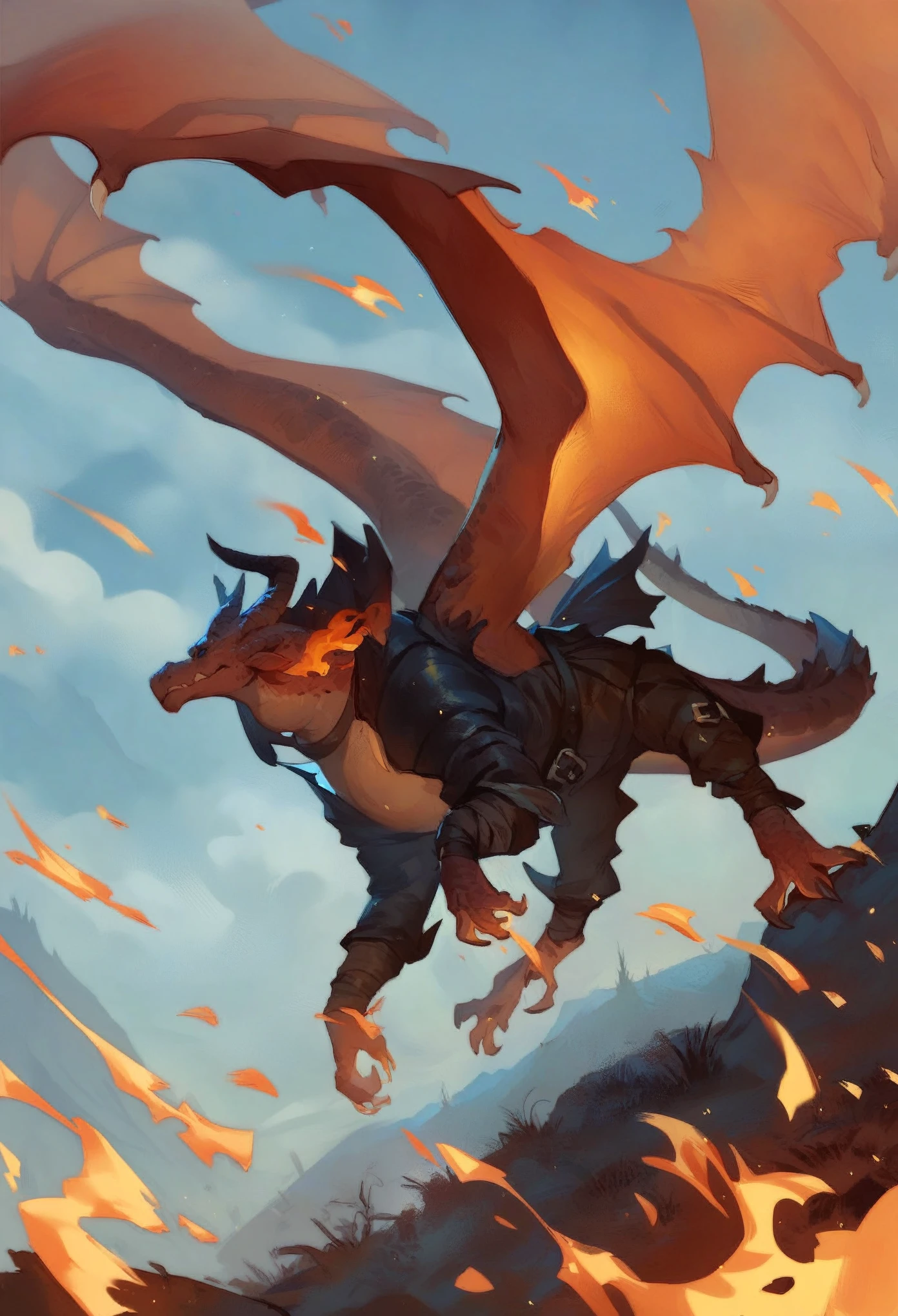 score_9, score_8_up, score_7_up, score_6_up, score_5_up, score_4_up,two knights on a hill with a dragon behind them. Open wings, flames, dark atmosphere, dark medieval style, dark fantasy style