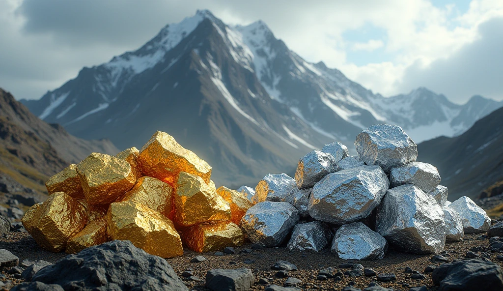 There is a high mountain，Gold ore with a lot of luster on one side，The other side has a lot of shiny platinum ore（best quality，4K，8k，High level，masterpiece：1.2），Ultra Detailed，（lifelike，Photo real，Photo real：1.37）