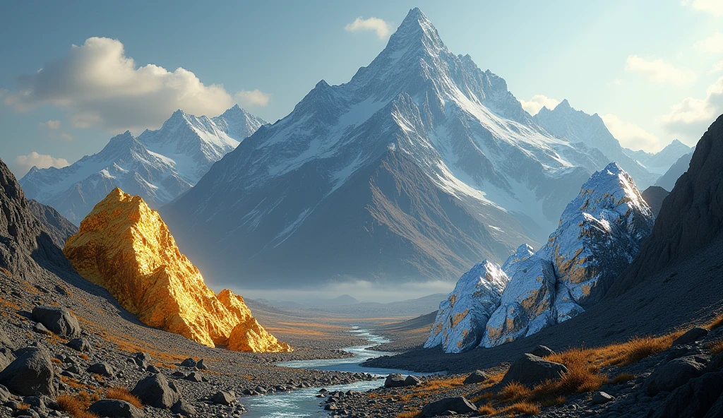 There is a high mountain,Gold ore with a lot of luster on one side,The other side has a lot of shiny platinum ore(best quality,4K,8k,High level,masterpiece:1.2),Ultra Detailed,(lifelike,Photo real,Photo real:1.37)