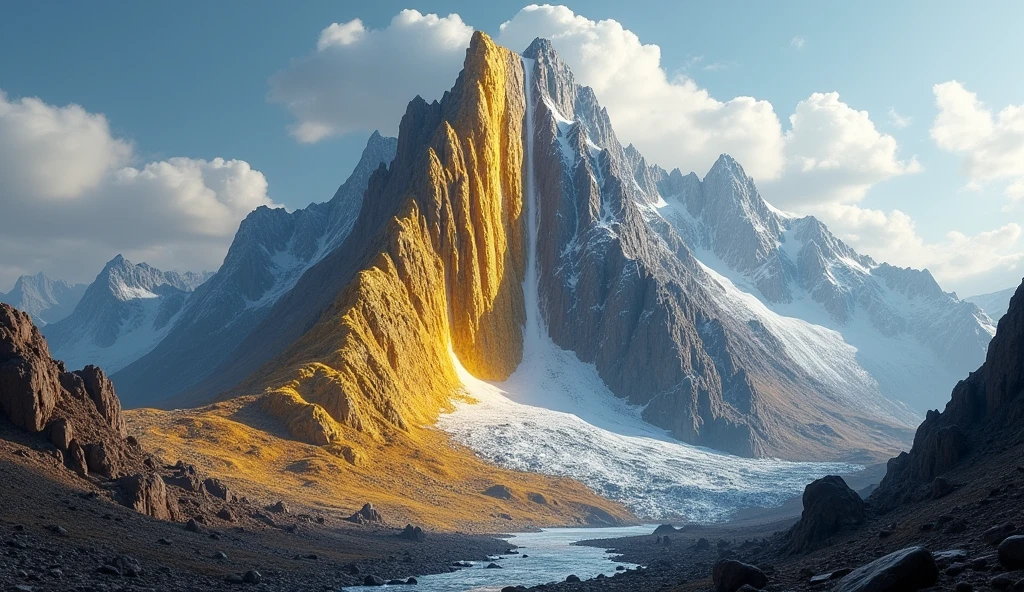 There is a high mountain，Gold ore with a lot of luster on one side，The other side has a lot of shiny platinum ore（best quality，4K，8k，High level，masterpiece：1.2），Ultra Detailed，（lifelike，Photo real，Photo real：1.37）