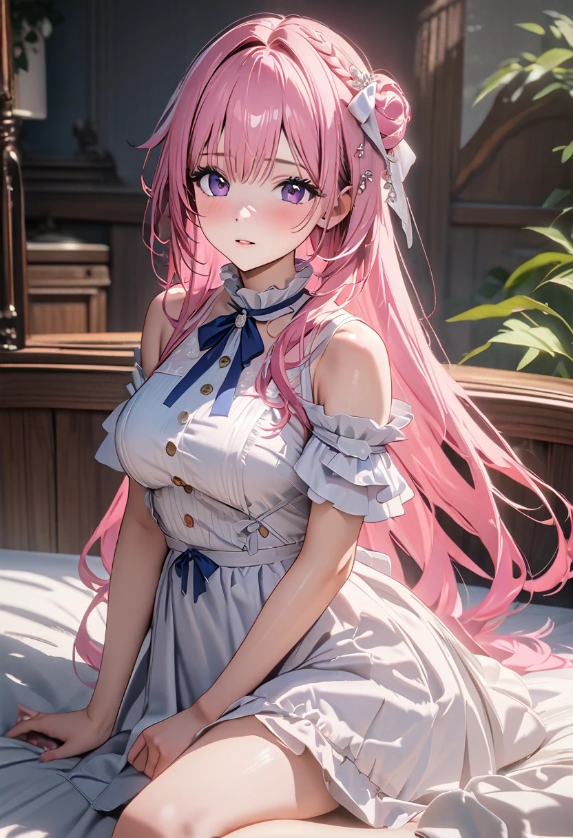 (Highest quality, 4K, 8k, High Resolutiの上, masterpiece:1.2), Very detailed, Picturesque, Anime-style photos, Photo Animatiの上:1.37)、a beautiful girl、(pink hair)、(long  hair)、white lily Hair Ornaments、On the bed、Doroty