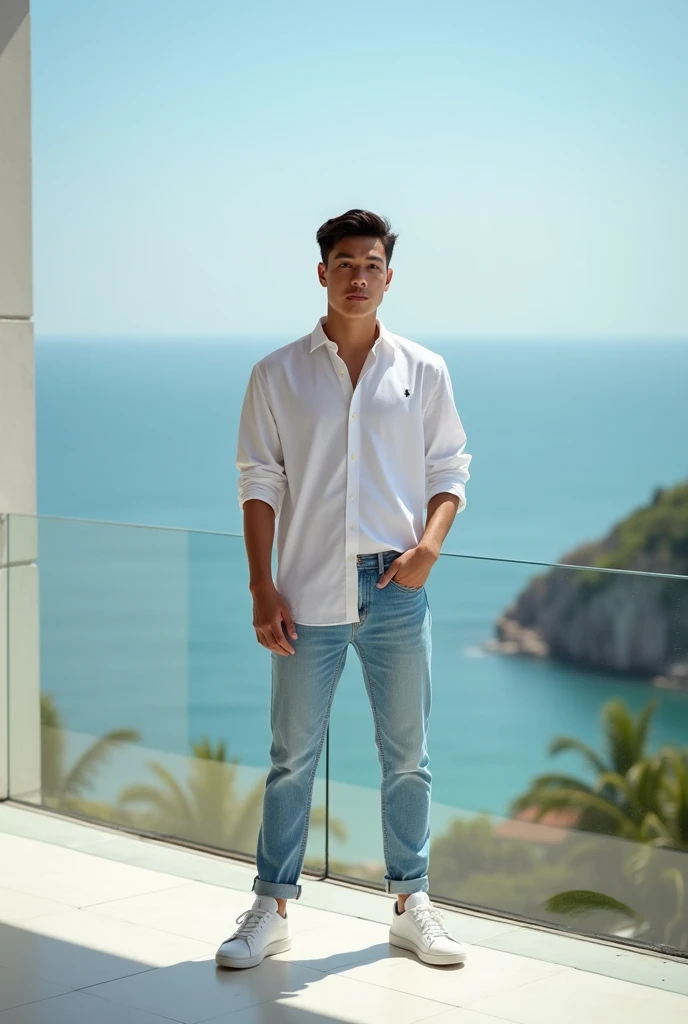 indonesian young man. male model, modern building, white sneakers, casual outfit, jeans, white ralph lauren shirt, posing for picture, photoshoot, natural, white skinned men, looking rich, big hotel terrace, view on sea.
Ultra-realistic 8K photograph, shot with a Leica Q2, strong color contrast and sharp clarity