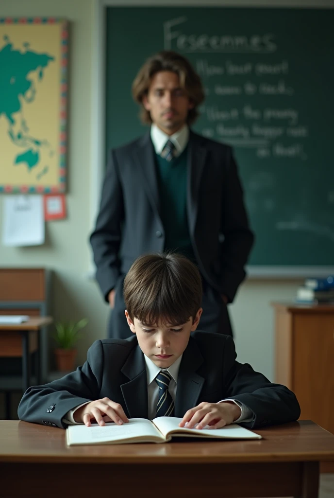 The teacher is standing in the foreground, with the blackboard behind them. A 1 boy in a school uniform is sitting at a desk in a classroom. The boy is facing the teacher but looks anxious and distressed, clearly unable to focus on the lesson.