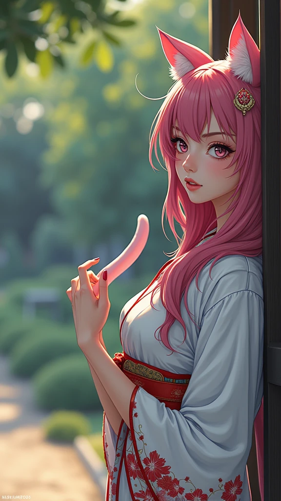 anime style, a closeup of a cartoon of a woman with ears and cat tail, with cat tail, with cat ears, girl design, mara, portrait, giesha, anime image, long hair, pink hair, happy, polished and powerful look, exotic, tall