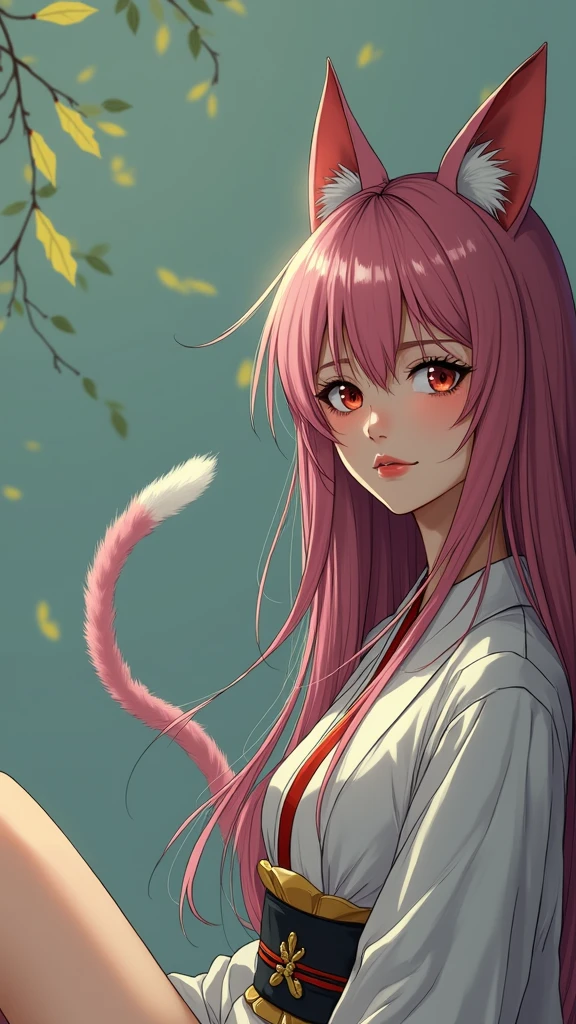 anime style, a closeup of a cartoon of a woman with ears and cat tail, with cat tail, with cat ears, girl design, mara, portrait, giesha, anime image, long hair, pink hair, happy, polished and powerful look, exotic, tall  